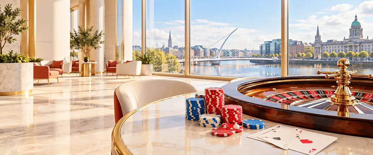 Sky Vegas Ireland casino guide shown as a bright Dublin gaming lounge