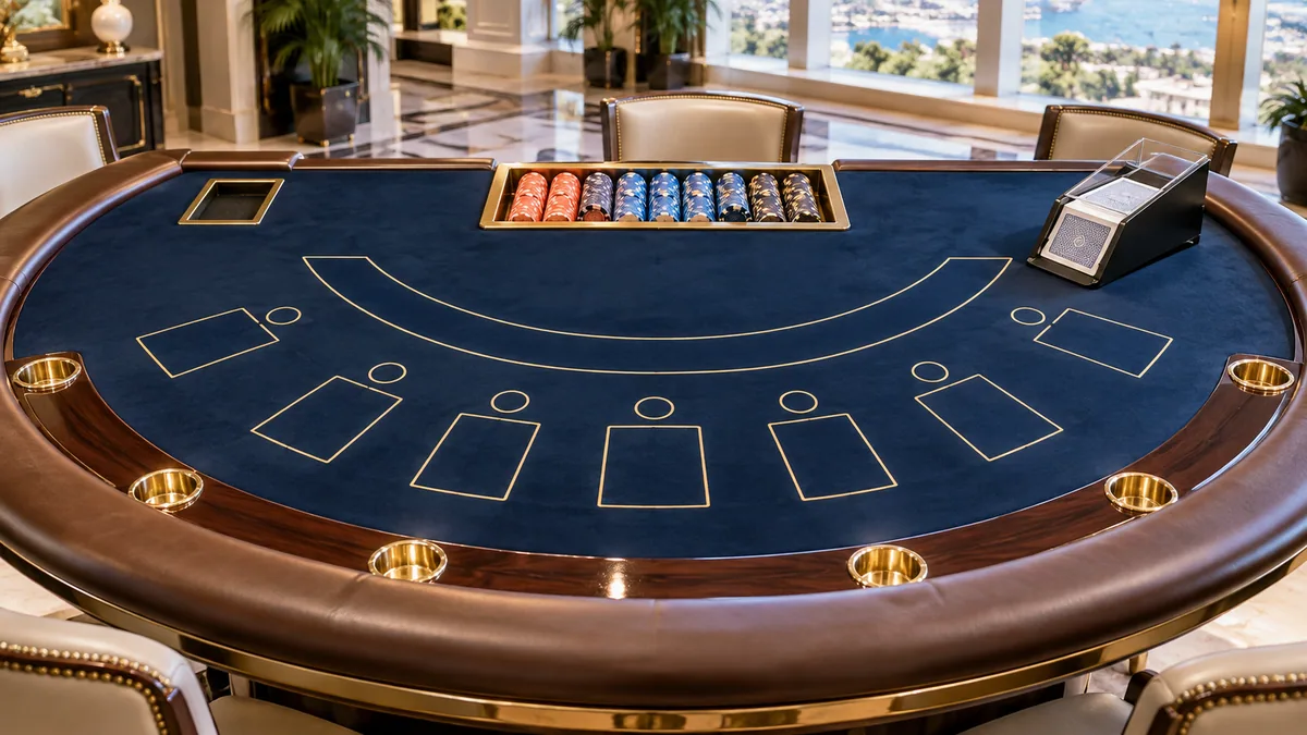 Sky Vegas blackjack guide showing a complete empty table cards and chip tray