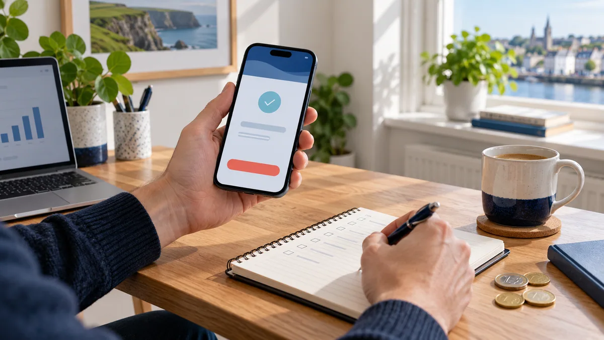 Sky Vegas instant withdrawal Ireland review on a phone beside a checklist
