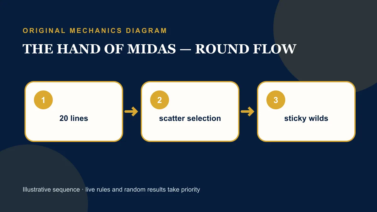 The Hand of Midas slot mechanics diagram showing the order of a round